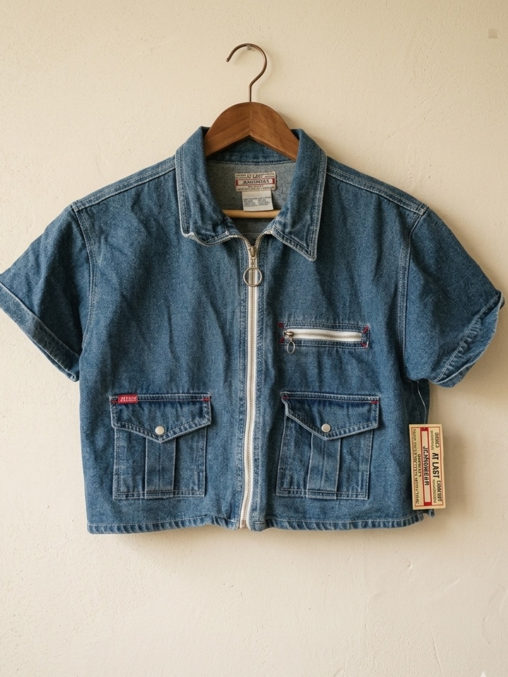 VTG NWT Cropped Denim Utility Jacket Short Sleeve Zip Cargo 90s Y2K At Last L